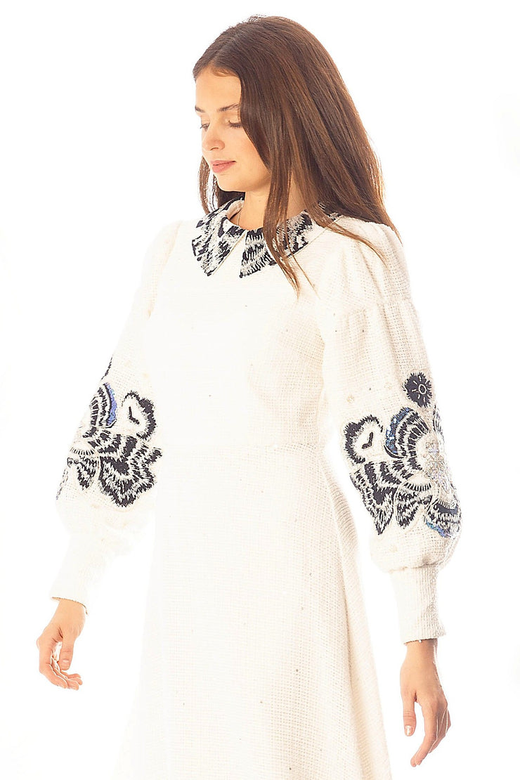 Beaded Floral Sleeve+Collar Dress