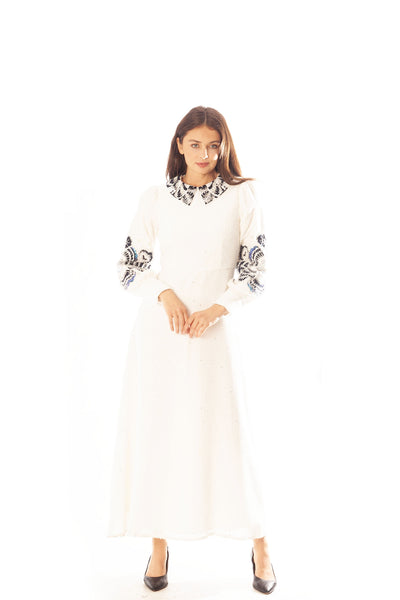 Beaded Floral Sleeve+Collar Dress