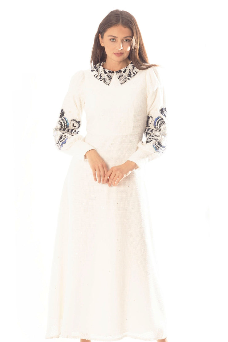 Beaded Floral Sleeve+Collar Dress