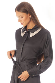 Double Collar Satin Dress w/ Wrapped Belt