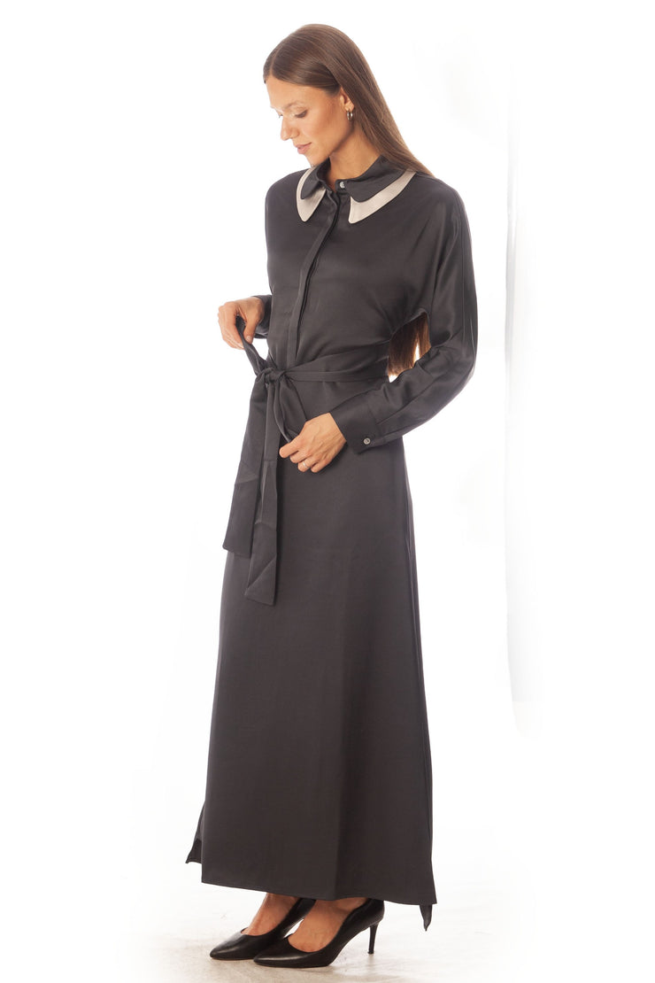 Double Collar Satin Dress w/ Wrapped Belt