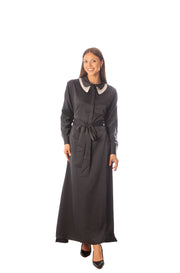 Double Collar Satin Dress w/ Wrapped Belt