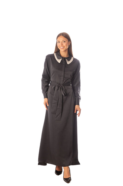 Double Collar Satin Dress w/ Wrapped Belt