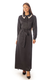 Double Collar Satin Dress w/ Wrapped Belt