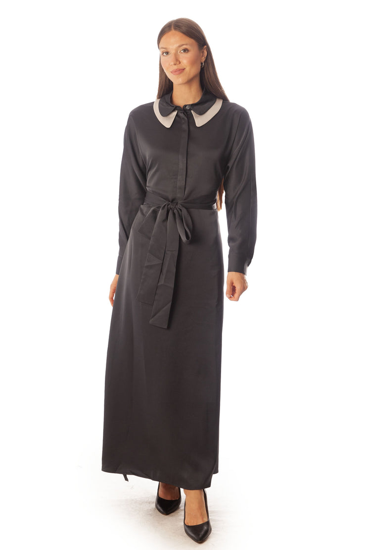 Double Collar Satin Dress w/ Wrapped Belt