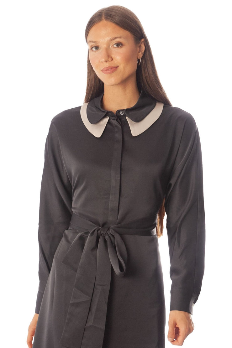 Double Collar Satin Dress w/ Wrapped Belt