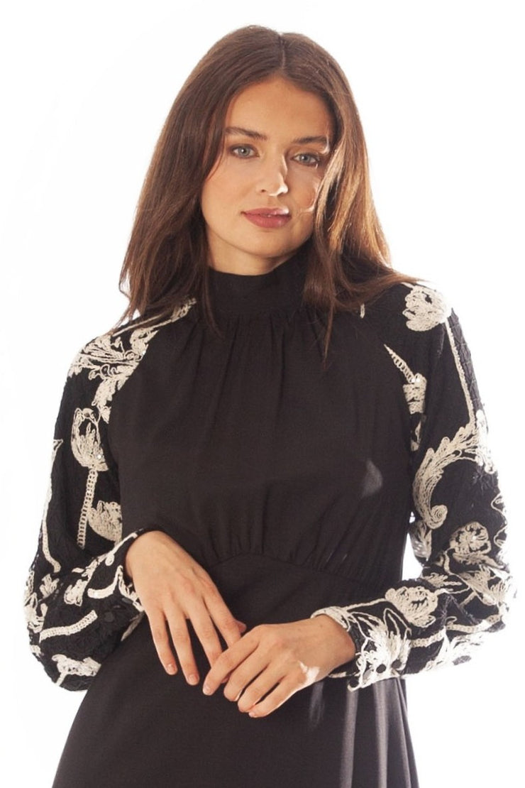 Hi Cut Embroidered Sleeve Dress