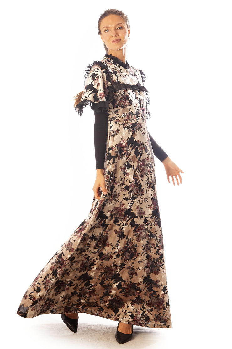 Chiffon Ruffles Trim Cut Velvet Dress