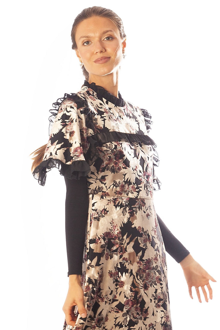 Chiffon Ruffles Trim Cut Velvet Dress