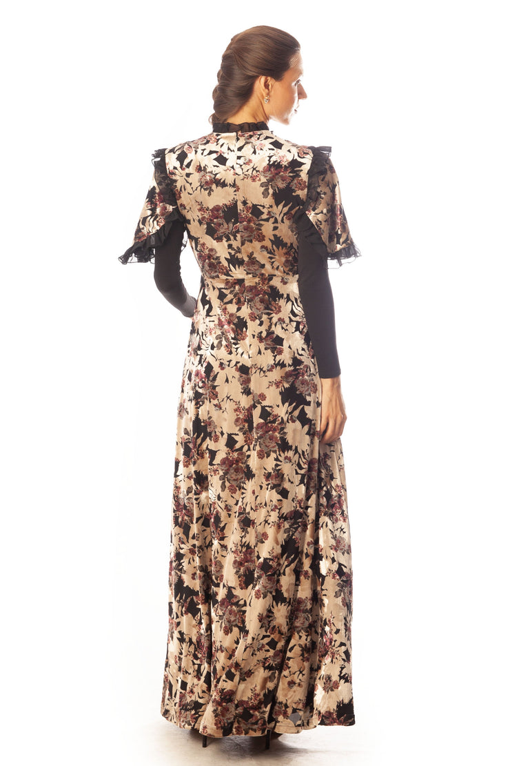 Chiffon Ruffles Trim Cut Velvet Dress