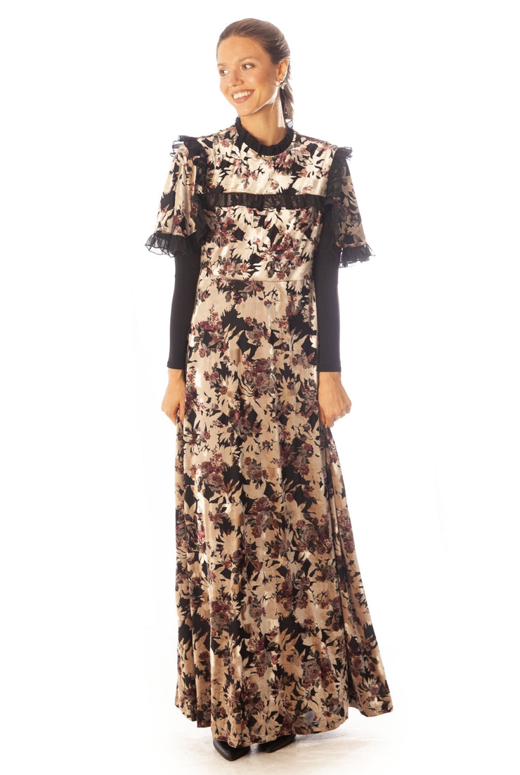 Chiffon Ruffles Trim Cut Velvet Dress