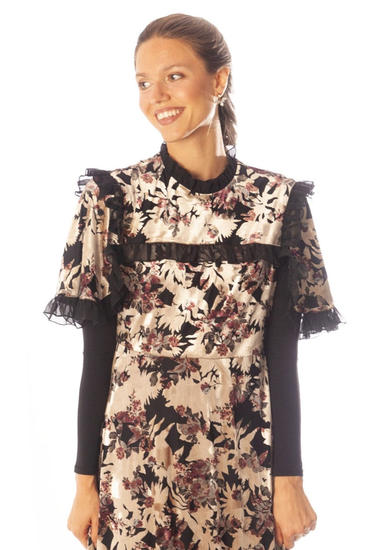 Chiffon Ruffles Trim Cut Velvet Dress