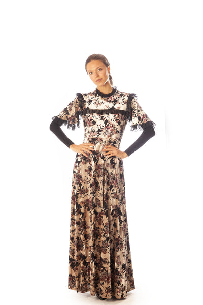 Chiffon Ruffles Trim Cut Velvet Dress