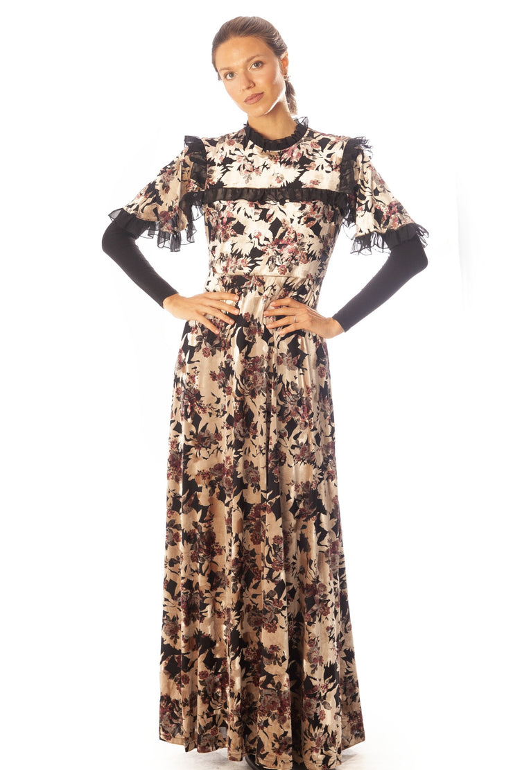 Chiffon Ruffles Trim Cut Velvet Dress