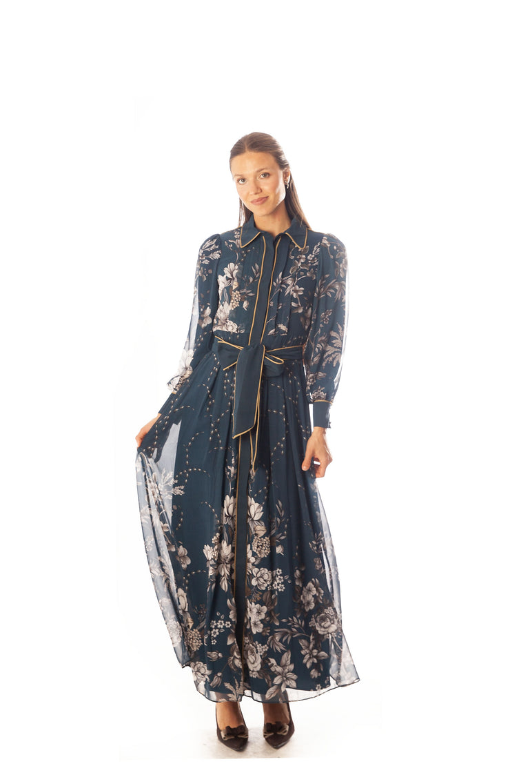 Piped Floral Print Dress