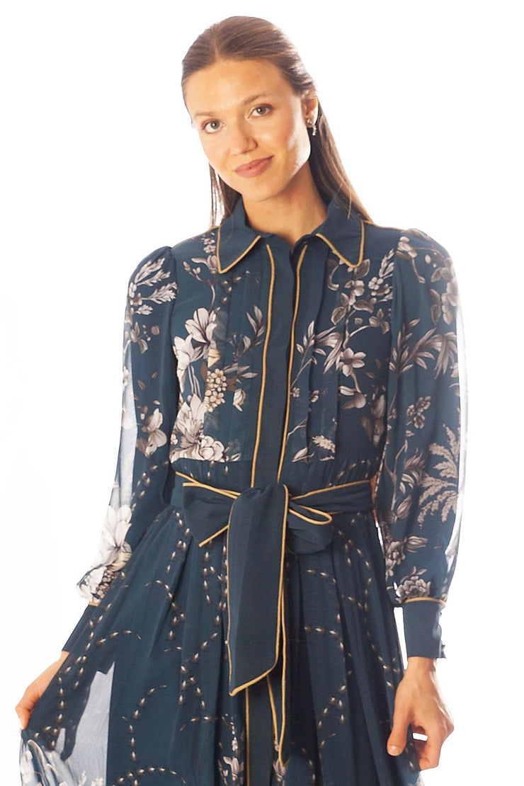 Piped Floral Print Dress