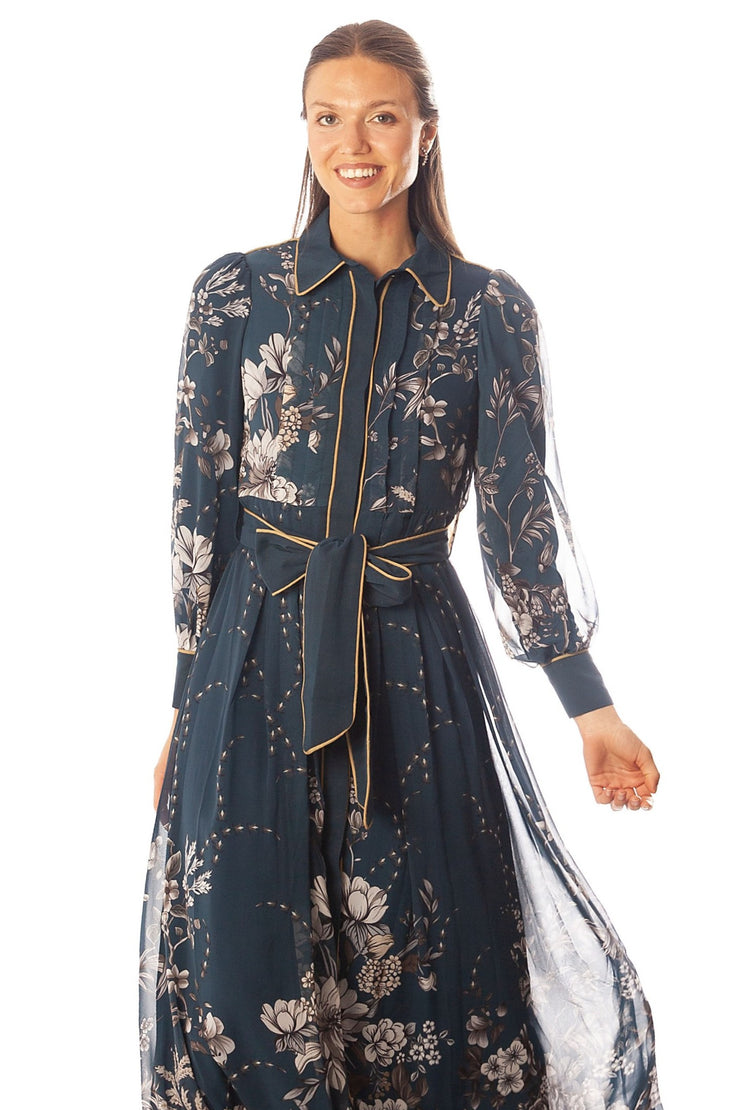 Piped Floral Print Dress