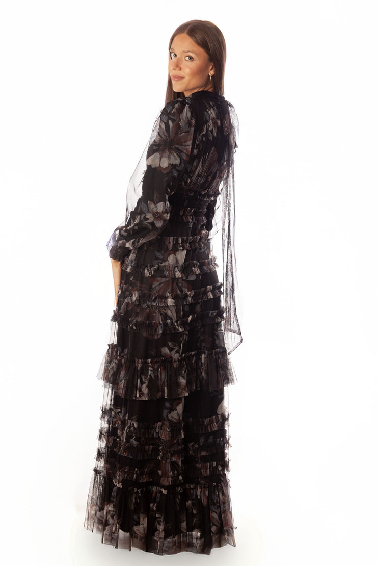 Shirred+Pleated Floral Mesh Gown