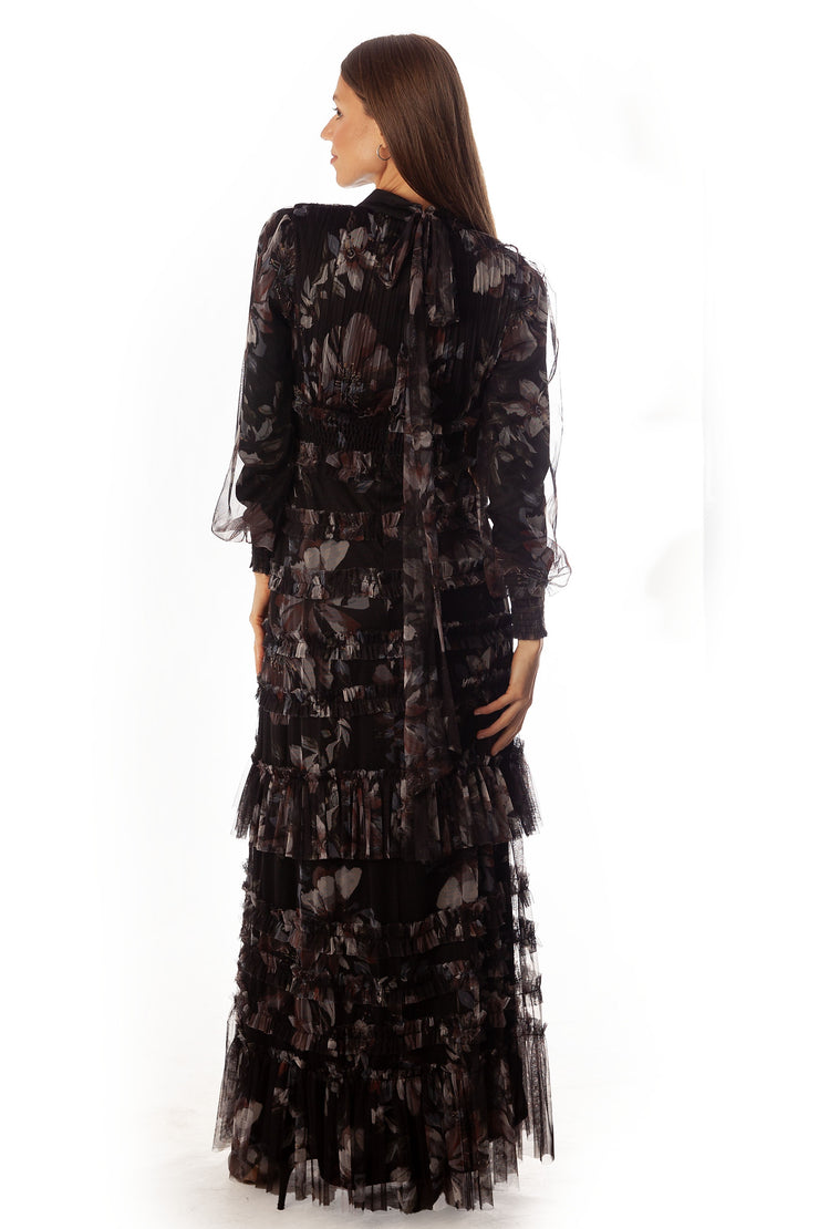 Shirred+Pleated Floral Mesh Gown