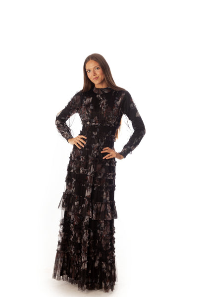 Shirred+Pleated Floral Mesh Gown