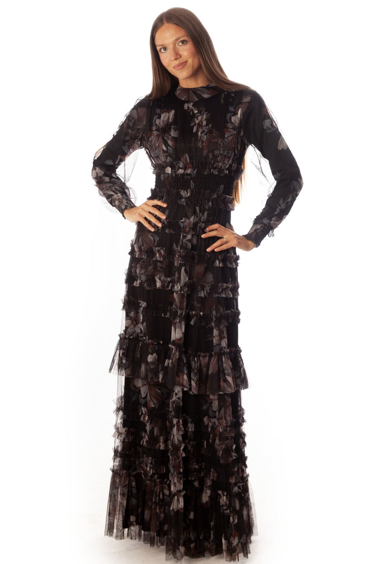 Shirred+Pleated Floral Mesh Gown