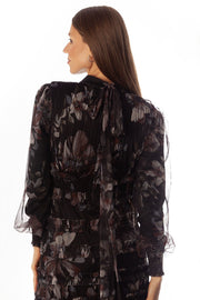 Shirred+Pleated Floral Mesh Gown