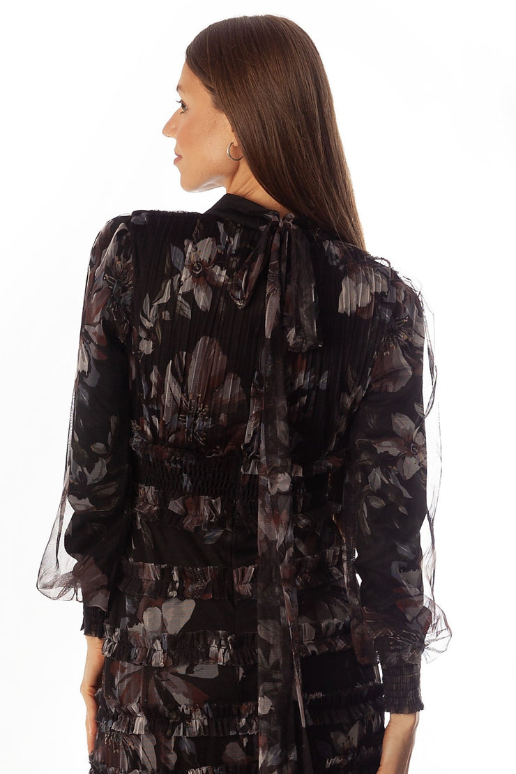 Shirred+Pleated Floral Mesh Gown