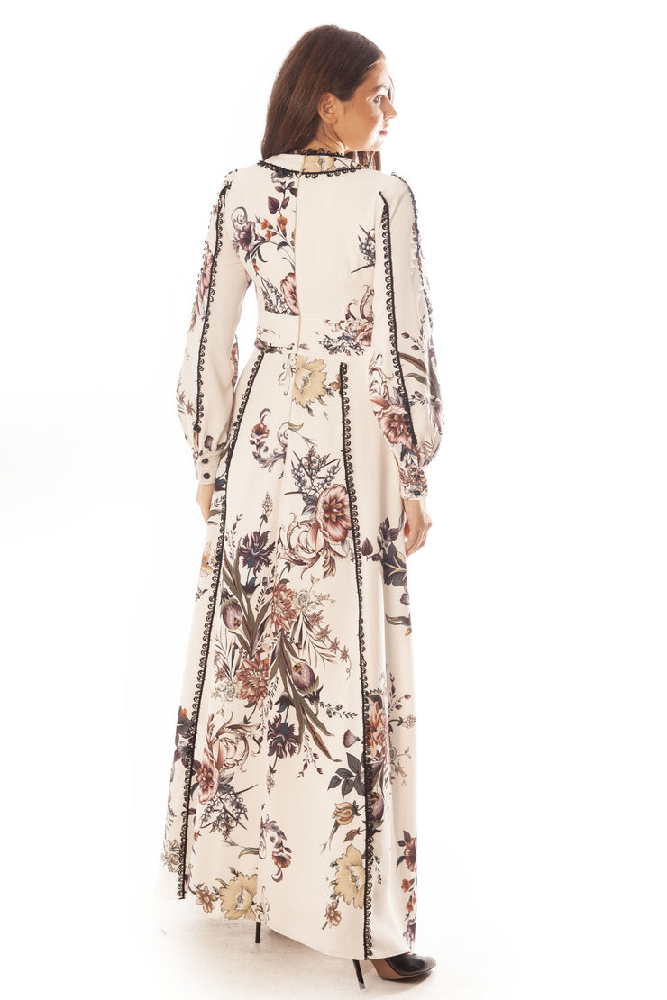 Lace Trimmed Floral A Line Gown