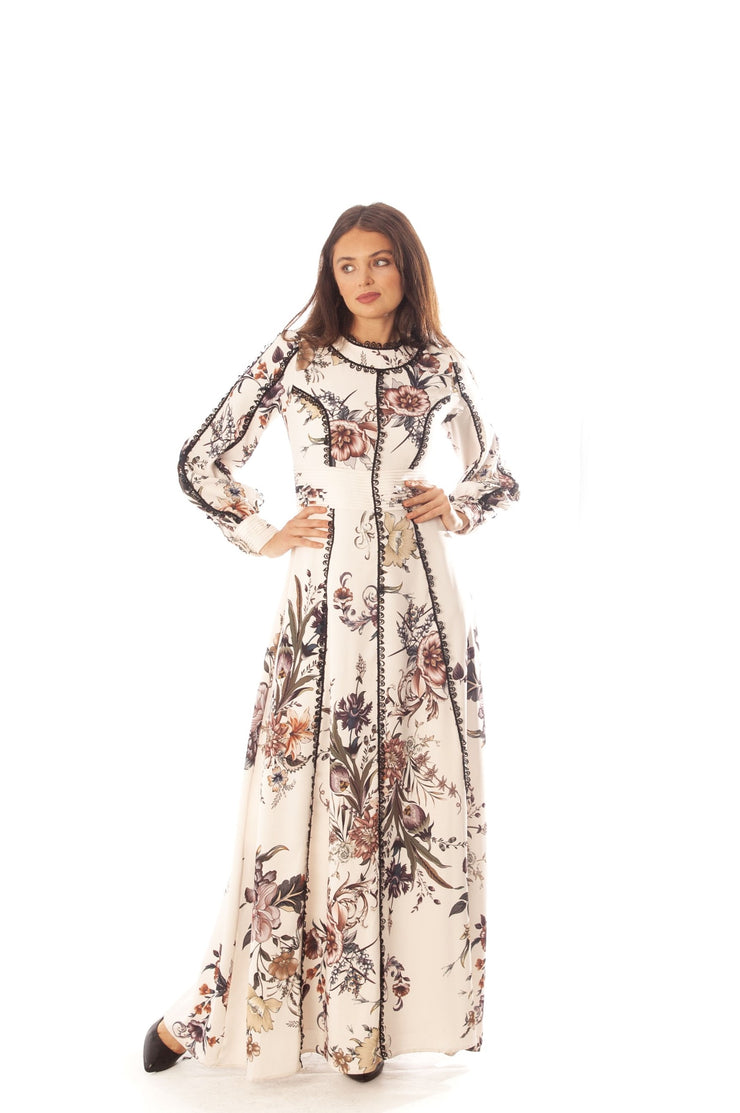 Lace Trimmed Floral A Line Gown