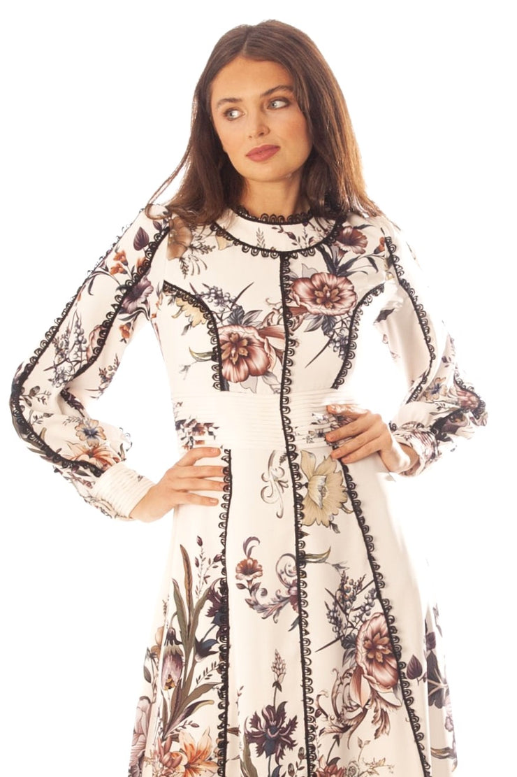 Lace Trimmed Floral A Line Gown