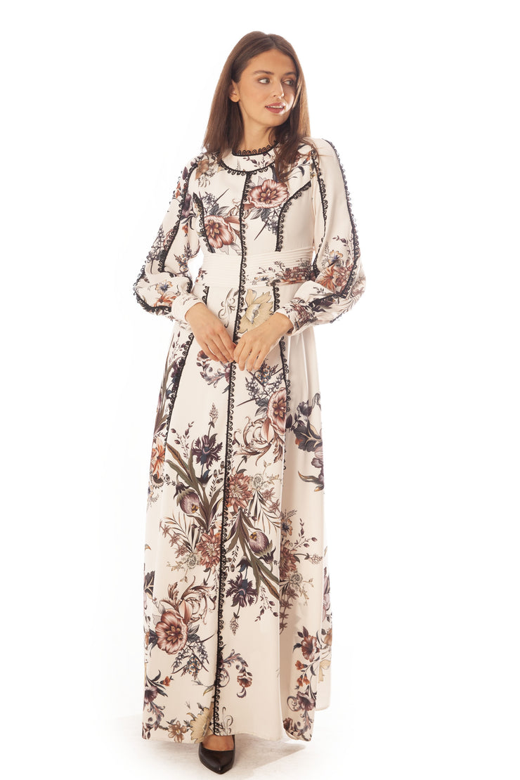 Lace Trimmed Floral A Line Gown