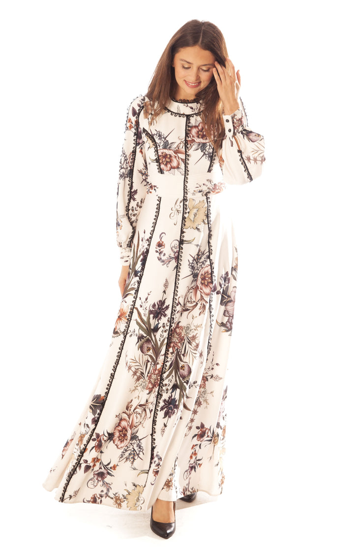 Lace Trimmed Floral A Line Gown