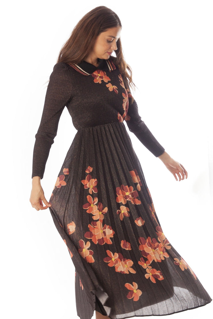 Striped Collar Pleated Floral Dress