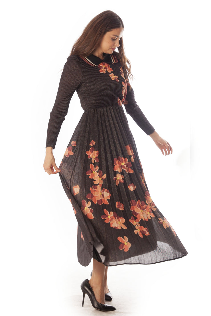 Striped Collar Pleated Floral Dress