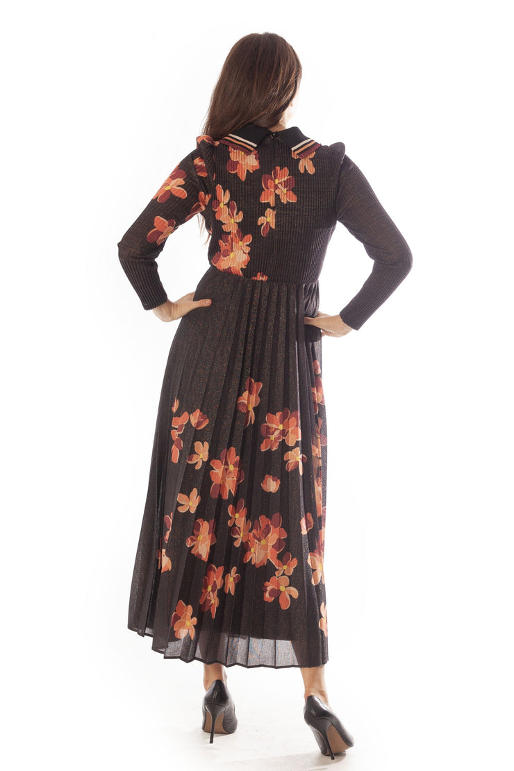 Striped Collar Pleated Floral Dress