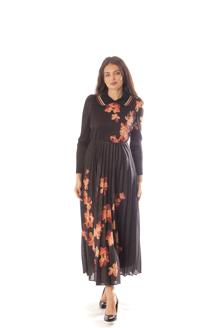 Striped Collar Pleated Floral Dress