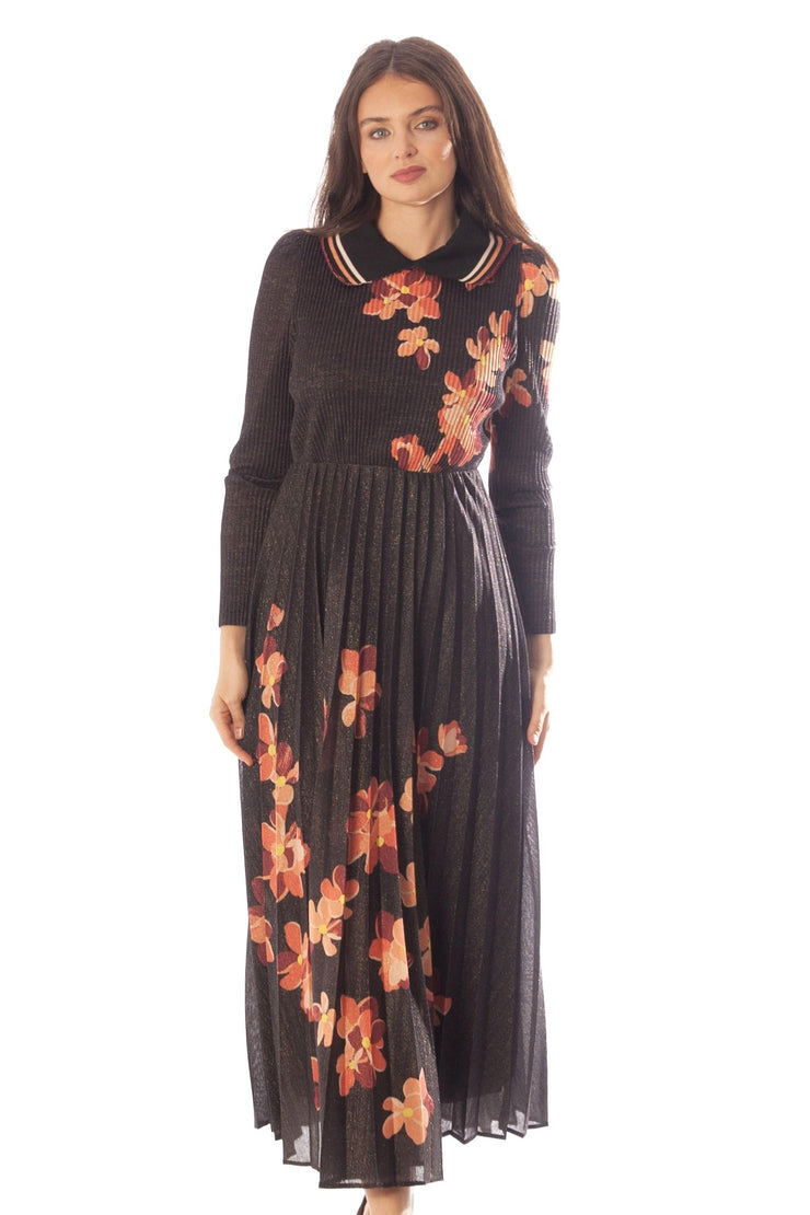 Striped Collar Pleated Floral Dress