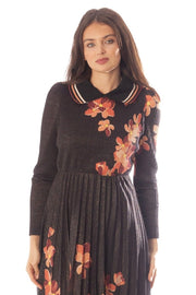 Striped Collar Pleated Floral Dress