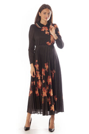 Striped Collar Pleated Floral Dress