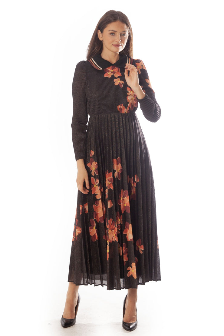 Striped Collar Pleated Floral Dress