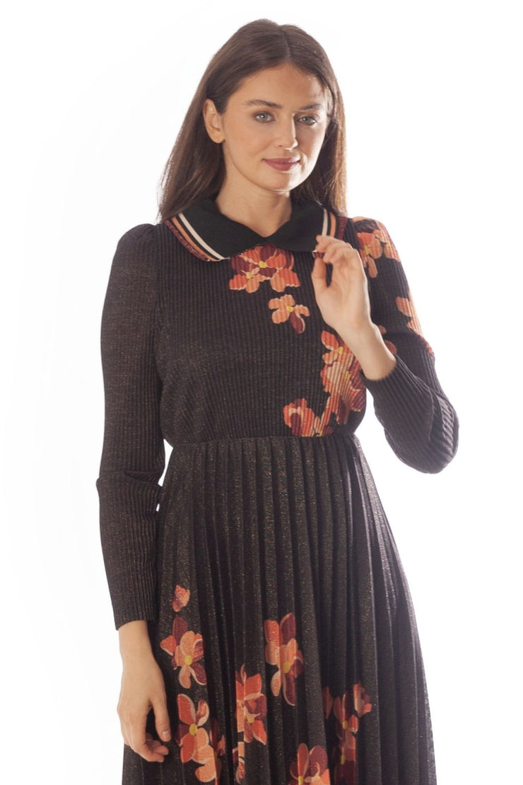 Striped Collar Pleated Floral Dress