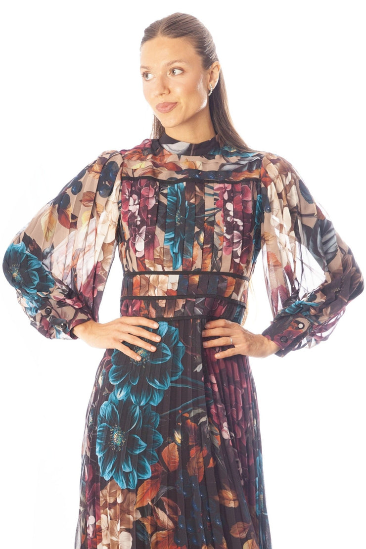 Pleated Floral Midi Dress