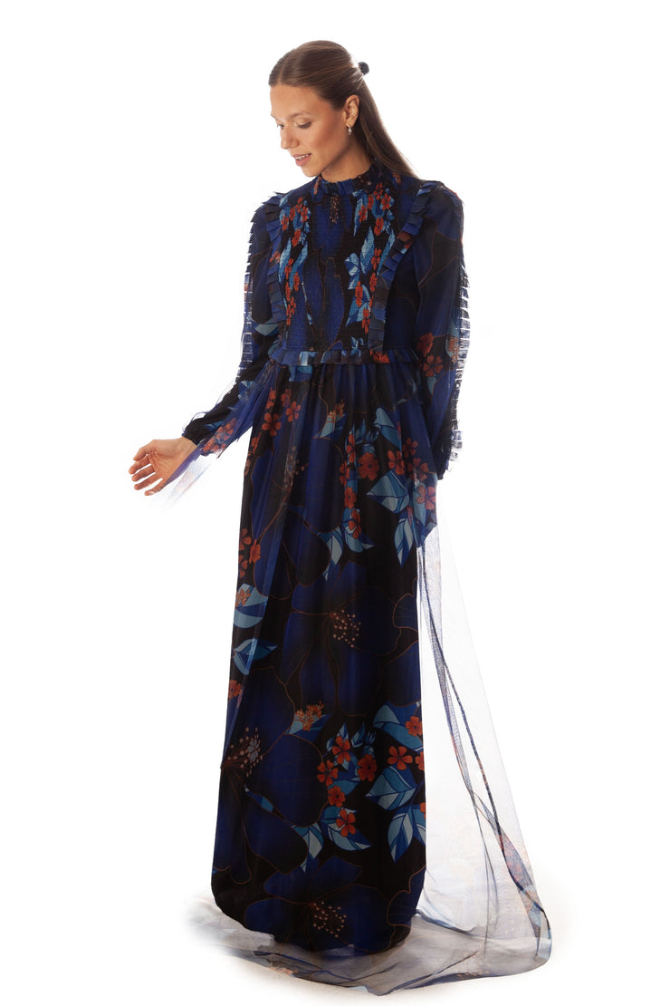 Floral Smocked Center Bodice Gown
