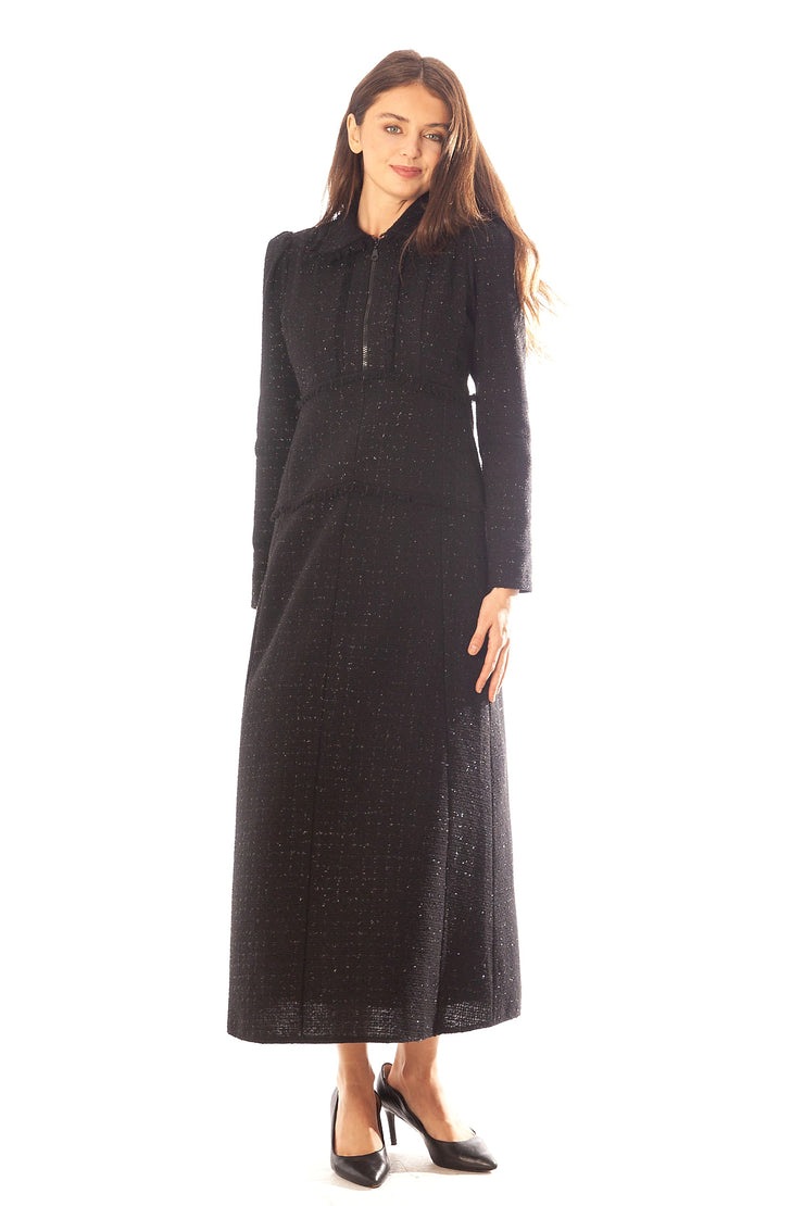 Fringed Trim Sparkle Tweed Dress