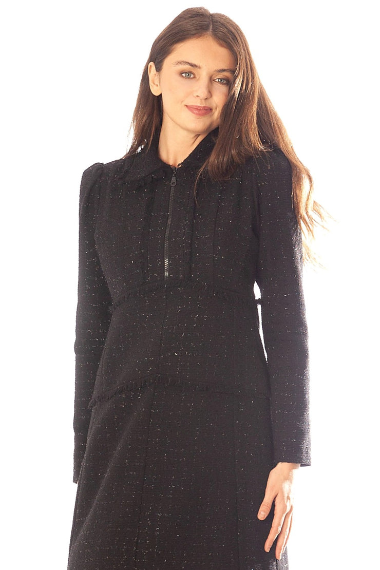 Fringed Trim Sparkle Tweed Dress