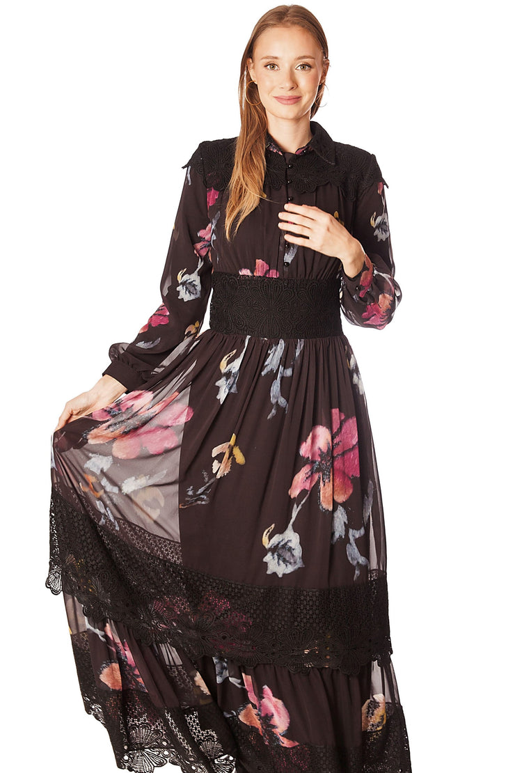 Floral Print w/ Lace Detail Gown